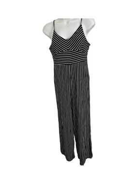 Rio Black and White Striped Spaghetti-Strap Jumpsuit Minimalist Classic Size L